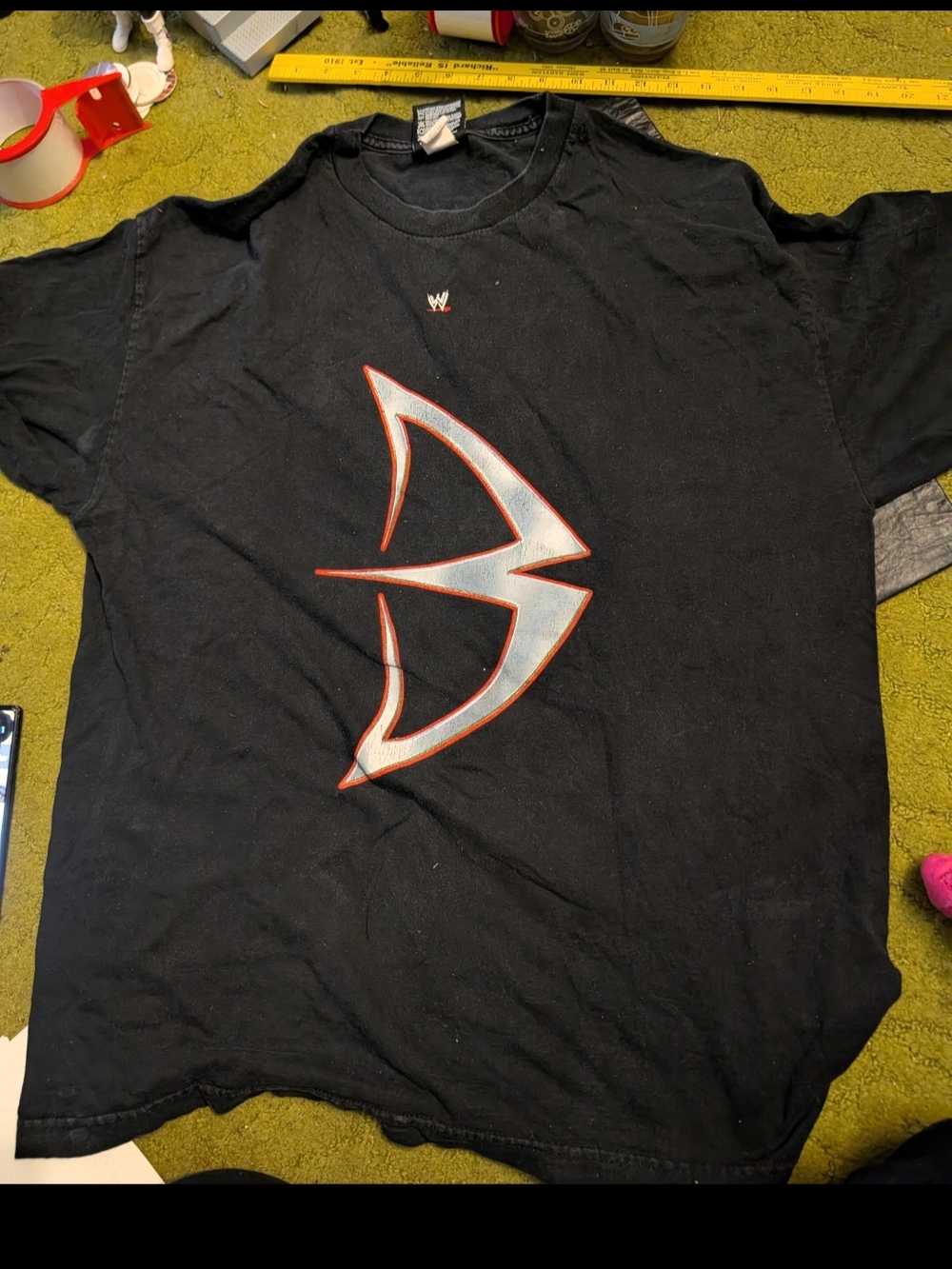 WWE Black Tee with Silver and Red Stylized Emblem